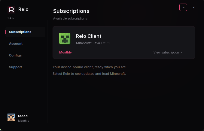 Relo injector subscription screen with the Relo Client card