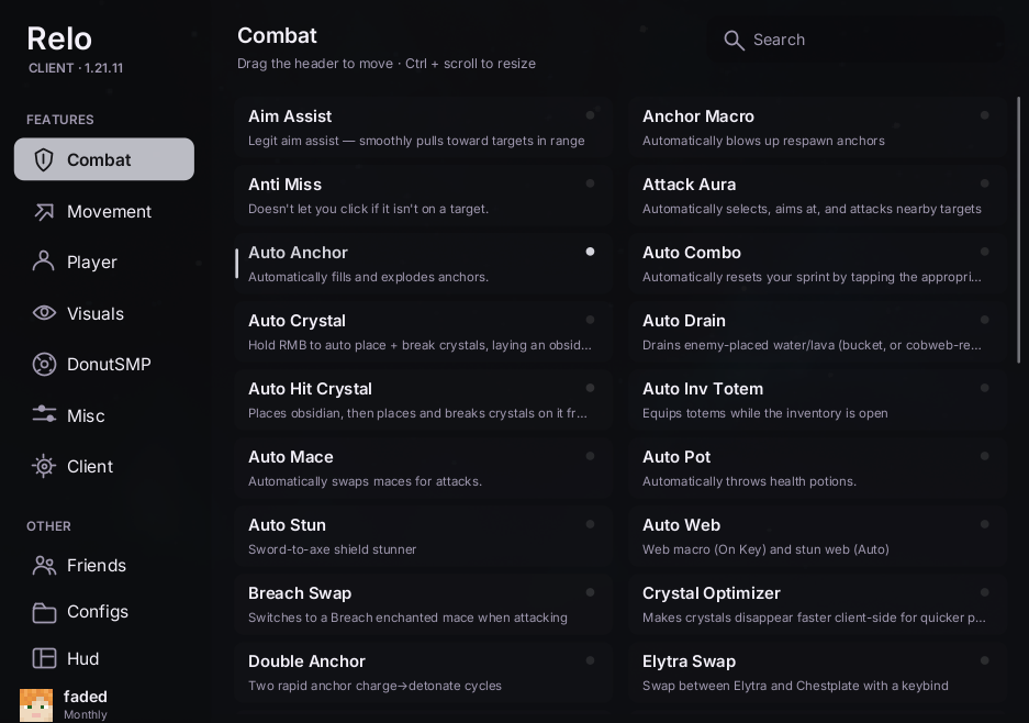 The full Relo menu, with categories, search, and module settings